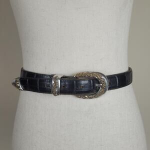Vintage Black Leather Belt Womens Large Western Cowgirl Rodeo Croc Embossed 90s